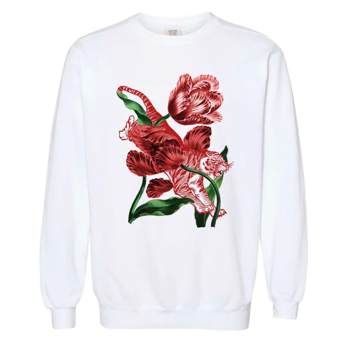 Tiger Flower Art Garment-Dyed Sweatshirt