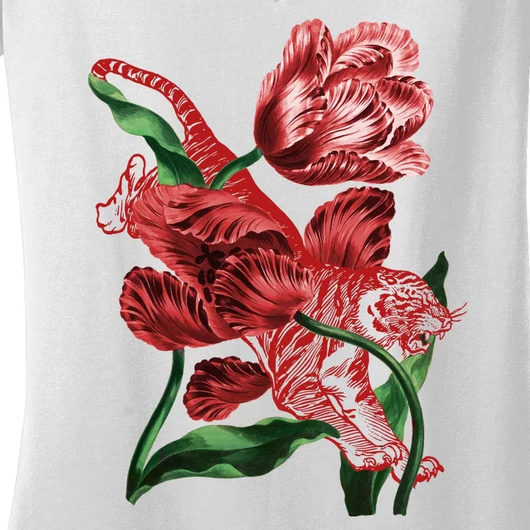 Tiger Flower Art Women's V-Neck T-Shirt