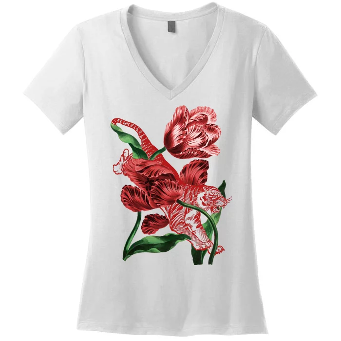 Tiger Flower Art Women's V-Neck T-Shirt