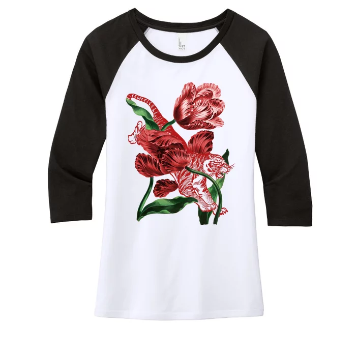 Tiger Flower Art Women's Tri-Blend 3/4-Sleeve Raglan Shirt