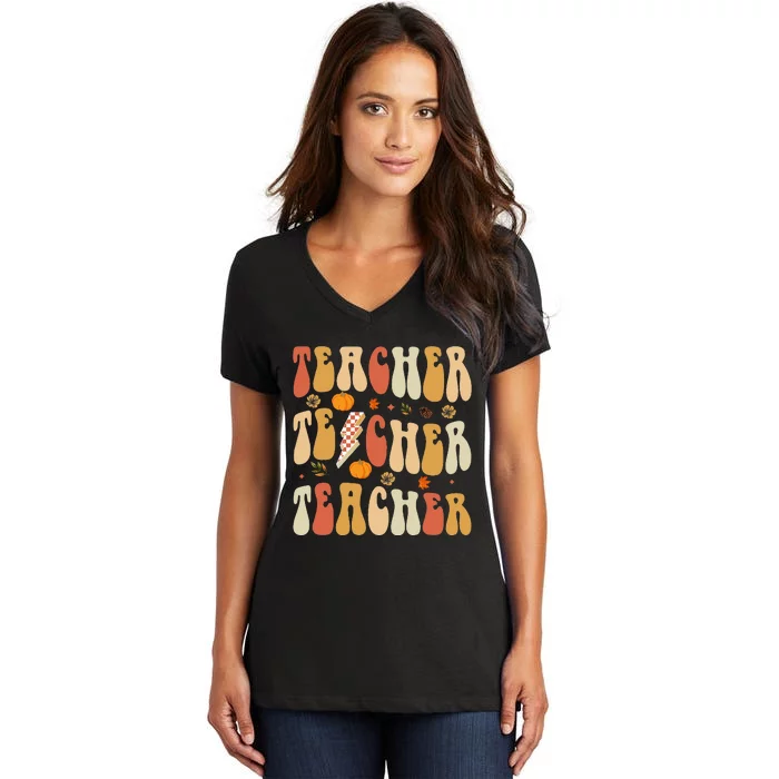 Teacher Fall Autumn Vibes Back To School Women's V-Neck T-Shirt