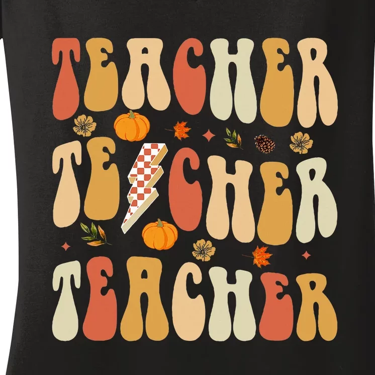 Teacher Fall Autumn Vibes Back To School Women's V-Neck T-Shirt