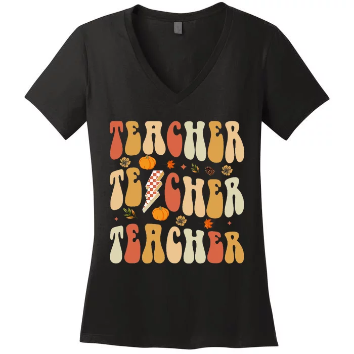 Teacher Fall Autumn Vibes Back To School Women's V-Neck T-Shirt