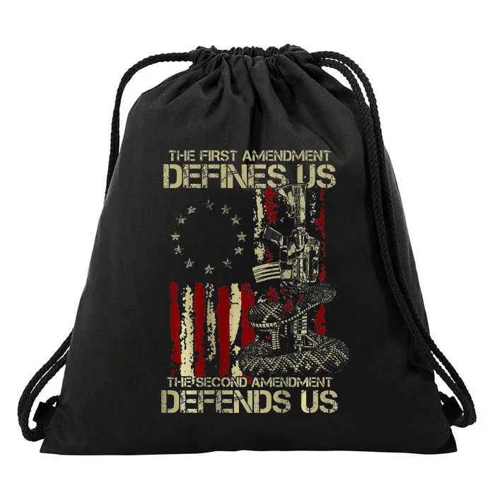 The First Amendment Defines Us American Flag Drawstring Bag