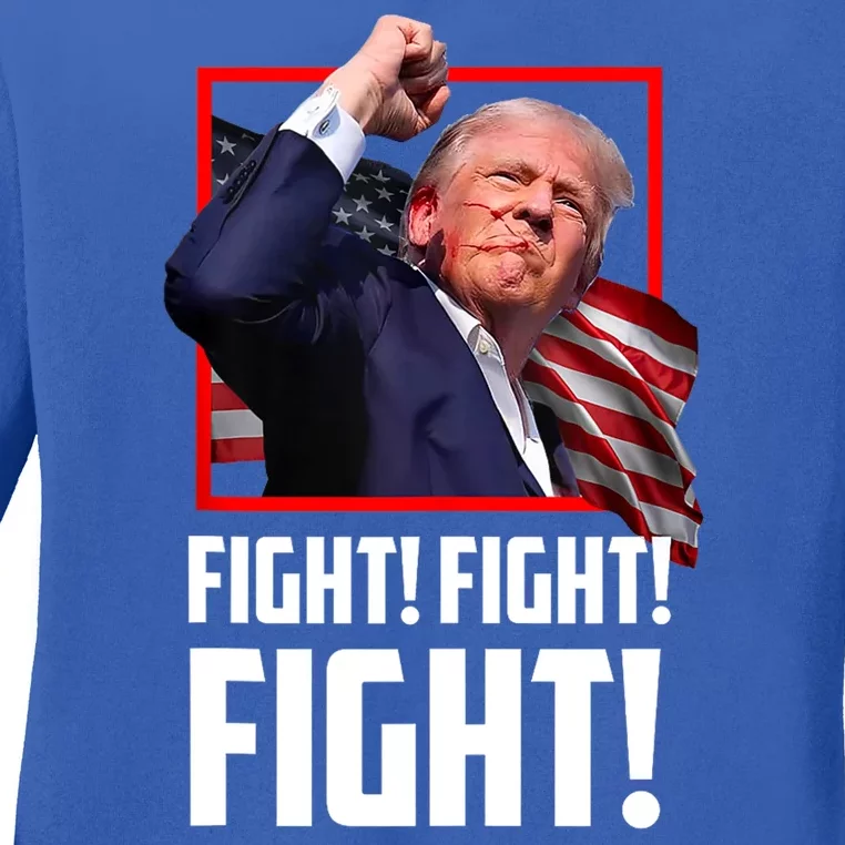 Trump Face Blood Fight Fight Fight Shot Assassination Attempt 2024 Ladies Long Sleeve Shirt