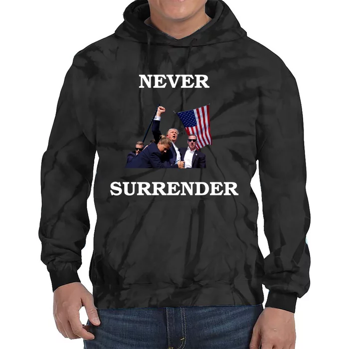 Trump Fist Bump In Air Never Surrender 2024 Tie Dye Hoodie