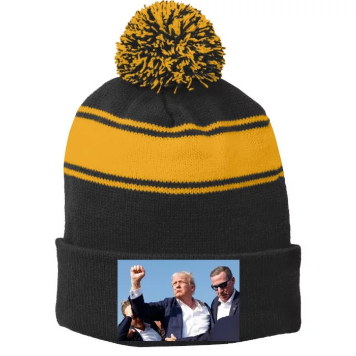 Trump Fist Bump Front And Back American Flag Design Front & Back Stripe Pom Pom Beanie