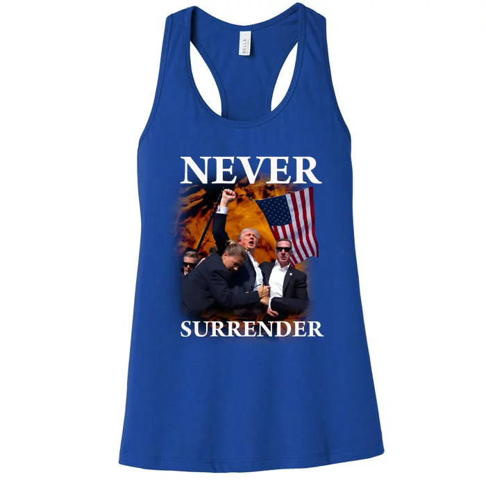 Trump Fist Bump In Air Never Surrender 2024 Women's Racerback Tank