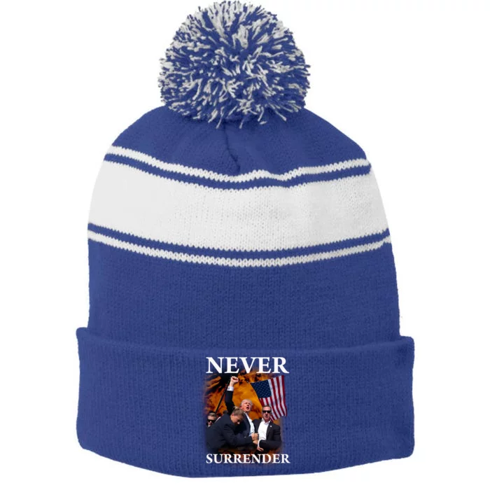 Trump Fist Bump In Air Never Surrender 2024 Stripe Pom Pom Beanie