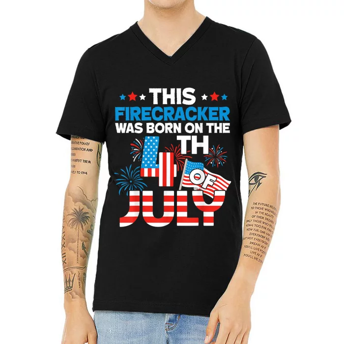 This Firecracker Born On 4th Of July Patriotic Birthday V-Neck T-Shirt