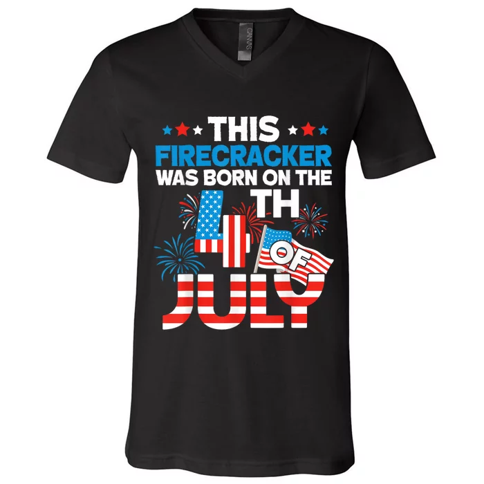 This Firecracker Born On 4th Of July Patriotic Birthday V-Neck T-Shirt