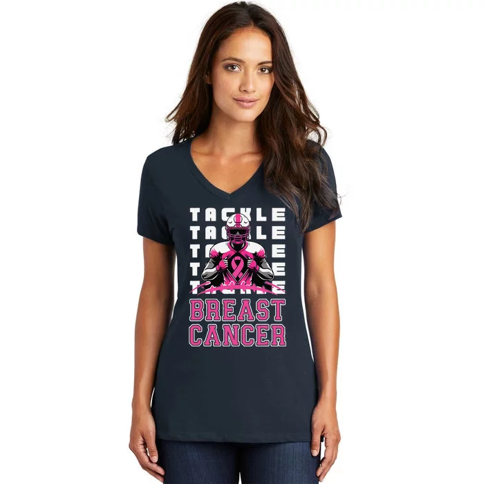 Tackle Football Breast Cancer Awareness Pin.K Ribbon Women's V-Neck T-Shirt