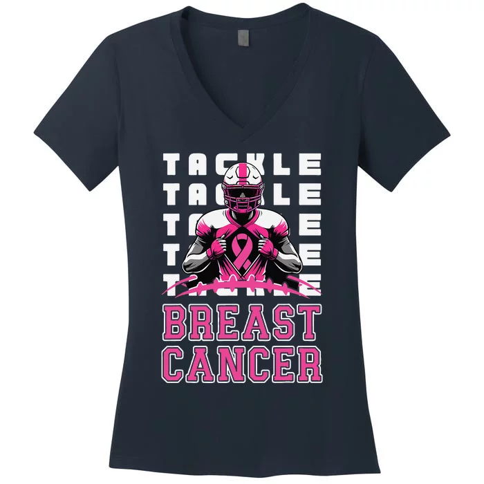 Tackle Football Breast Cancer Awareness Pin.K Ribbon Women's V-Neck T-Shirt