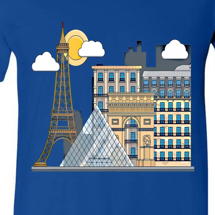 The Famous Buildings Of Paris Gift The Eiffel Tower Gift Louvre Great Gift V-Neck T-Shirt