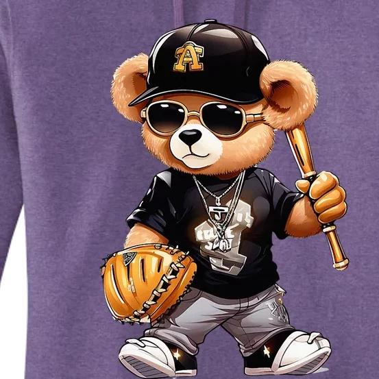 Teddy Fashion Bear Stylish Baseball Player Sport Women's Pullover Hoodie