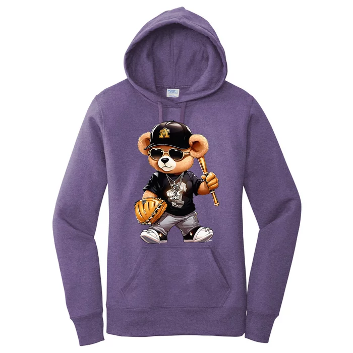 Teddy Fashion Bear Stylish Baseball Player Sport Women's Pullover Hoodie