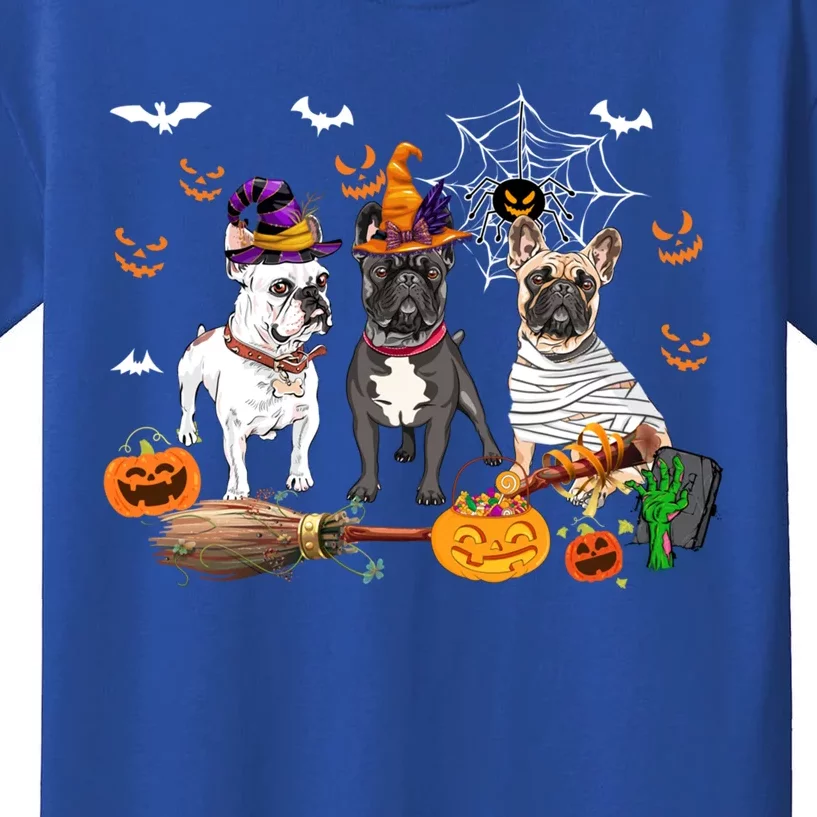 Three French Bulldog Dogs Mummy Witch Scary Pumpkins Gift Kids T-Shirt