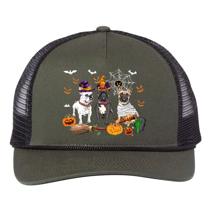 Three French Bulldog Dogs Mummy Witch Scary Pumpkins Gift Retro Rope Trucker Hat Cap