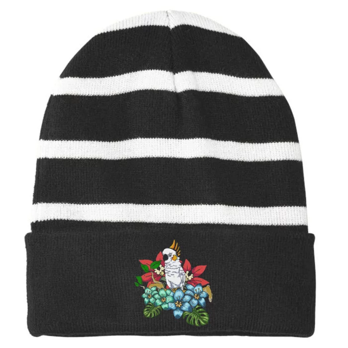 Tropical Flowers Birdwatcher Birding Floral Parrot Cockatoo Striped Beanie with Solid Band