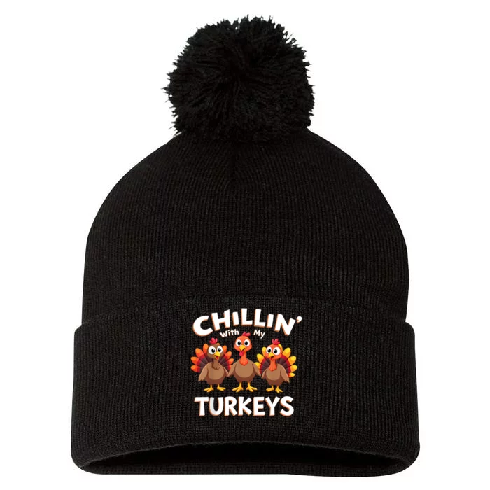 Thanksgiving Family Chillin With My Turkeys Pom Pom 12in Knit Beanie