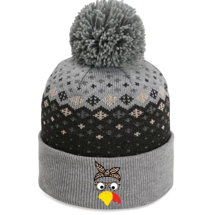 Turkey Face Cheetah Cute Thanksgiving The Baniff Cuffed Pom Beanie