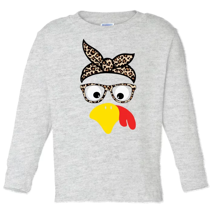 Turkey Face Cheetah Cute Thanksgiving Toddler Long Sleeve Shirt