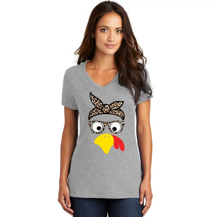 Turkey Face Cheetah Cute Thanksgiving Women's V-Neck T-Shirt