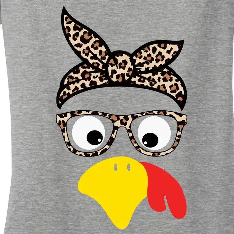 Turkey Face Cheetah Cute Thanksgiving Women's V-Neck T-Shirt