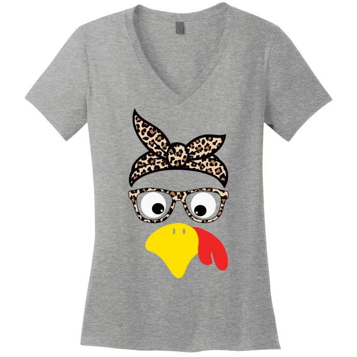 Turkey Face Cheetah Cute Thanksgiving Women's V-Neck T-Shirt