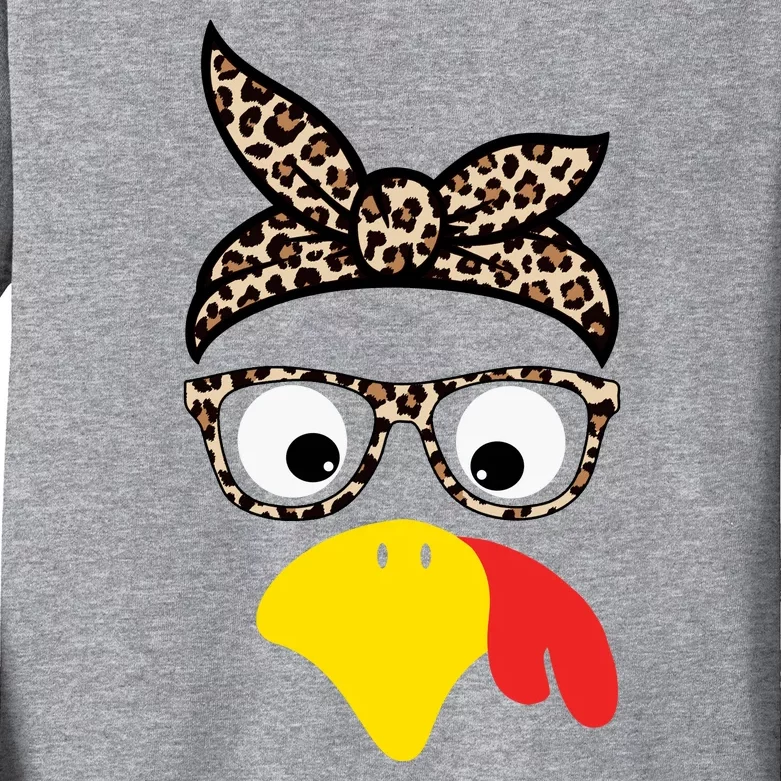 Turkey Face Cheetah Cute Thanksgiving Kids Long Sleeve Shirt