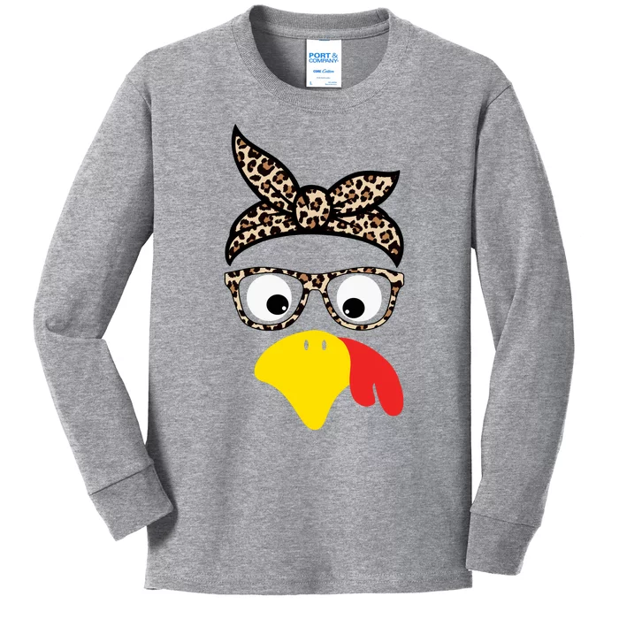 Turkey Face Cheetah Cute Thanksgiving Kids Long Sleeve Shirt