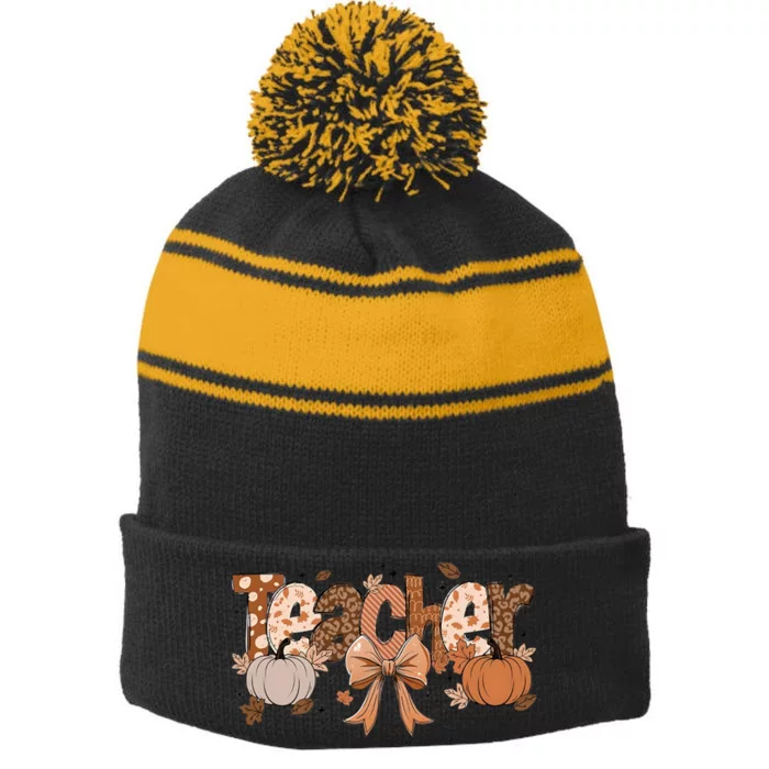 Teacher Fall Coquette Cute Matching Team Gift Idea Stripe Pom Pom Beanie