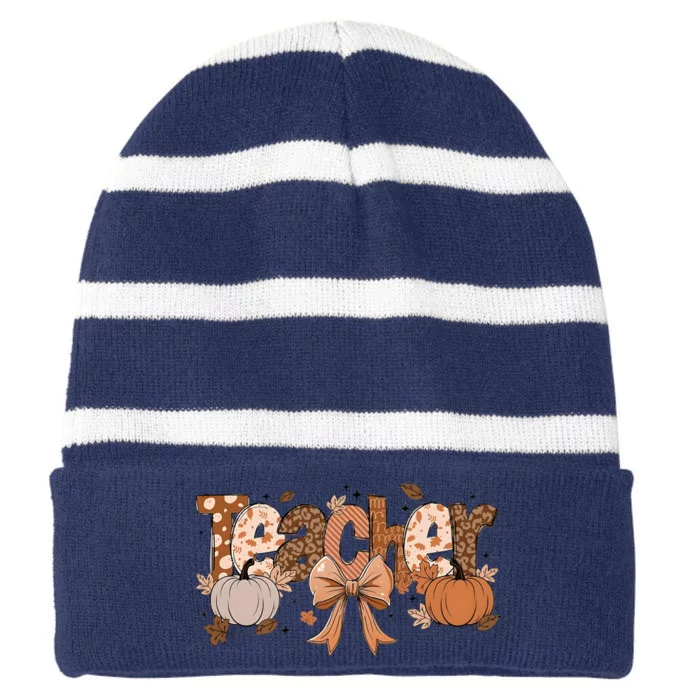 Teacher Fall Coquette Cute Matching Team Gift Idea Striped Beanie with Solid Band