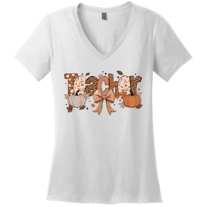 Teacher Fall Coquette Cute Matching Team Gift Idea Women's V-Neck T-Shirt