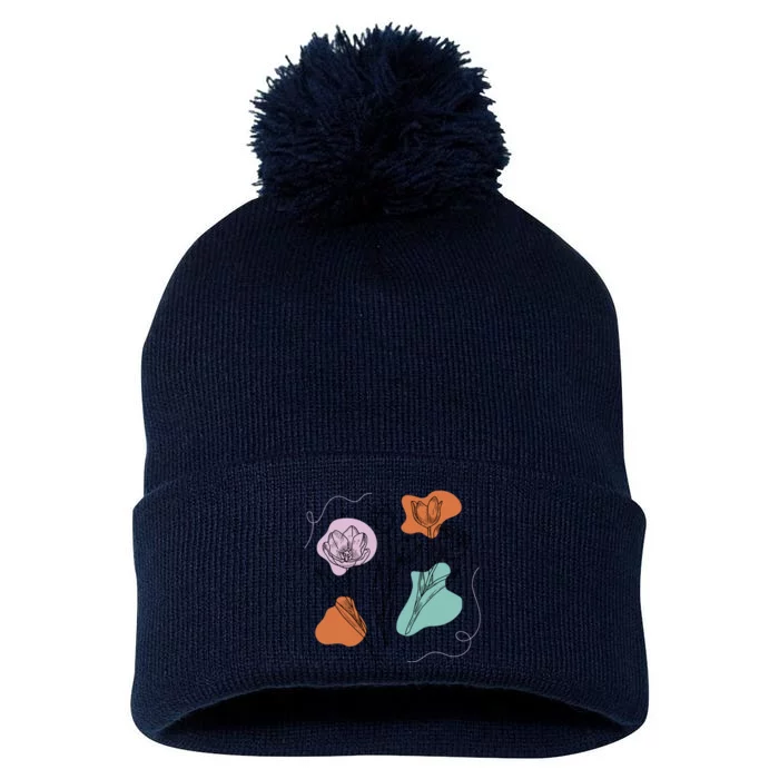 Tulip Floral Drawing Pom Pom 12in Knit Beanie