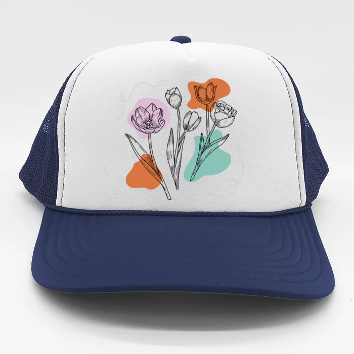 Tulip Floral Drawing Trucker Hat