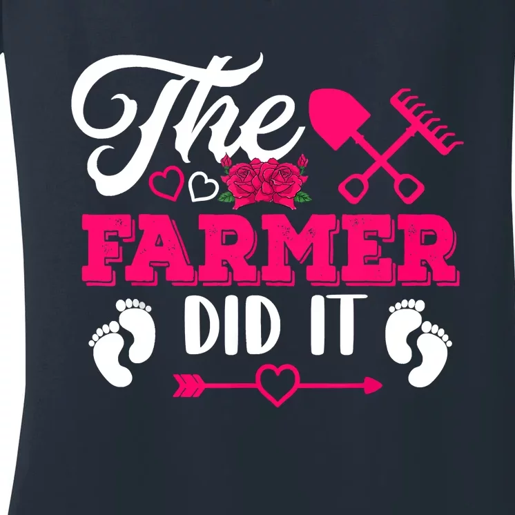 The Farmer Did It Funny Pregnancy Announcement Flowers Women's V-Neck T-Shirt