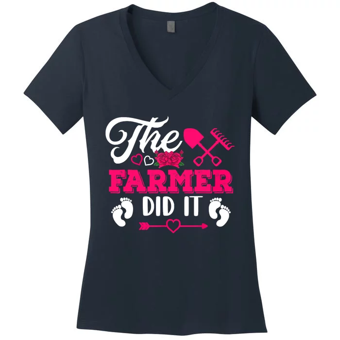 The Farmer Did It Funny Pregnancy Announcement Flowers Women's V-Neck T-Shirt