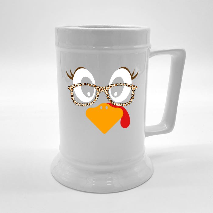 Turkey Face Eyelashes Leopard Glasses Funny Thanksgiving Front & Back Beer Stein