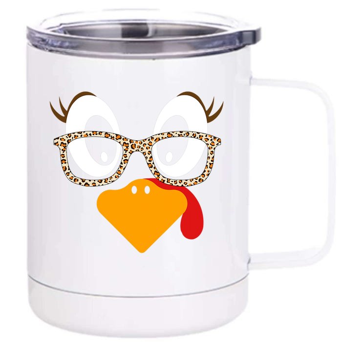 Turkey Face Eyelashes Leopard Glasses Funny Thanksgiving Front & Back 12oz Stainless Steel Tumbler Cup