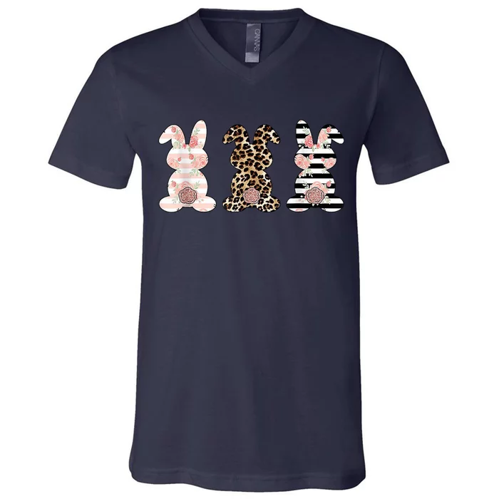 Trio Floral Easter Bunny Cute V-Neck T-Shirt