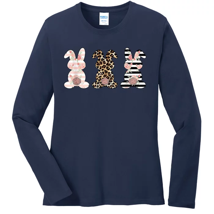 Trio Floral Easter Bunny Cute Ladies Long Sleeve Shirt