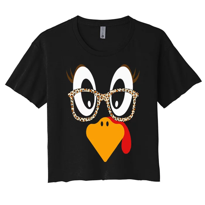 Turkey Face Eyelashes Leopard Glasses Funny Thanksgiving Women's Crop Top Tee