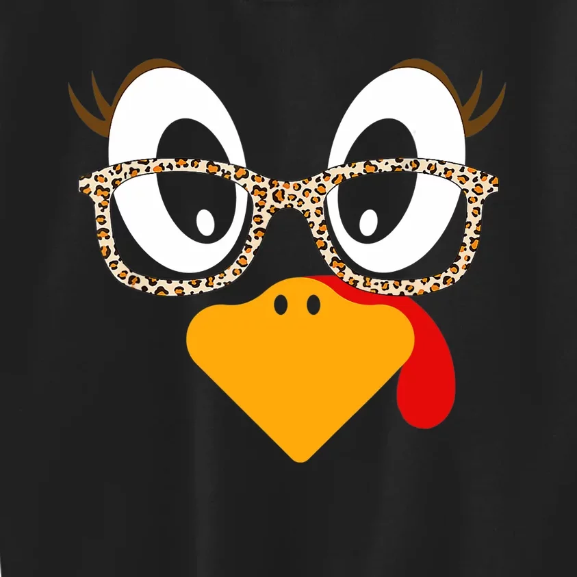 Turkey Face Eyelashes Leopard Glasses Funny Thanksgiving Kids Sweatshirt