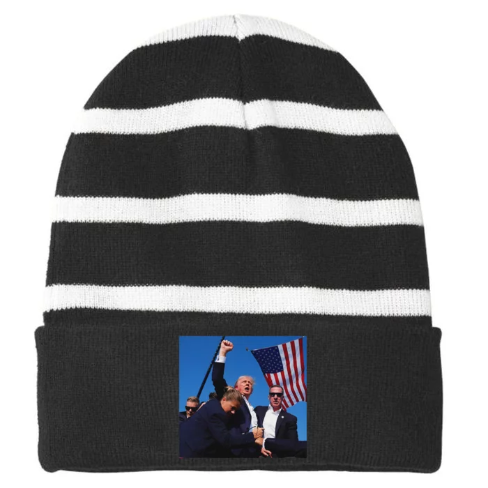 Trump Fight Fist 2024 Strong Support Striped Beanie with Solid Band