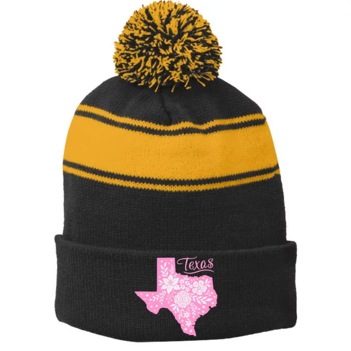 TEXAS Flower Floral Home State Texan Stripe Pom Pom Beanie