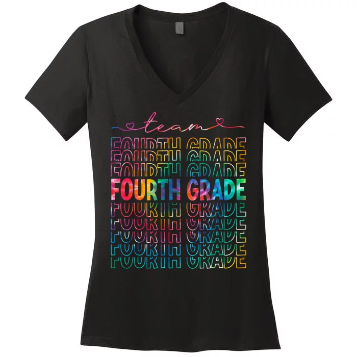 Team Fourth Grade Tie Dye Back To School 4th Grade Teacher Women's V-Neck T-Shirt