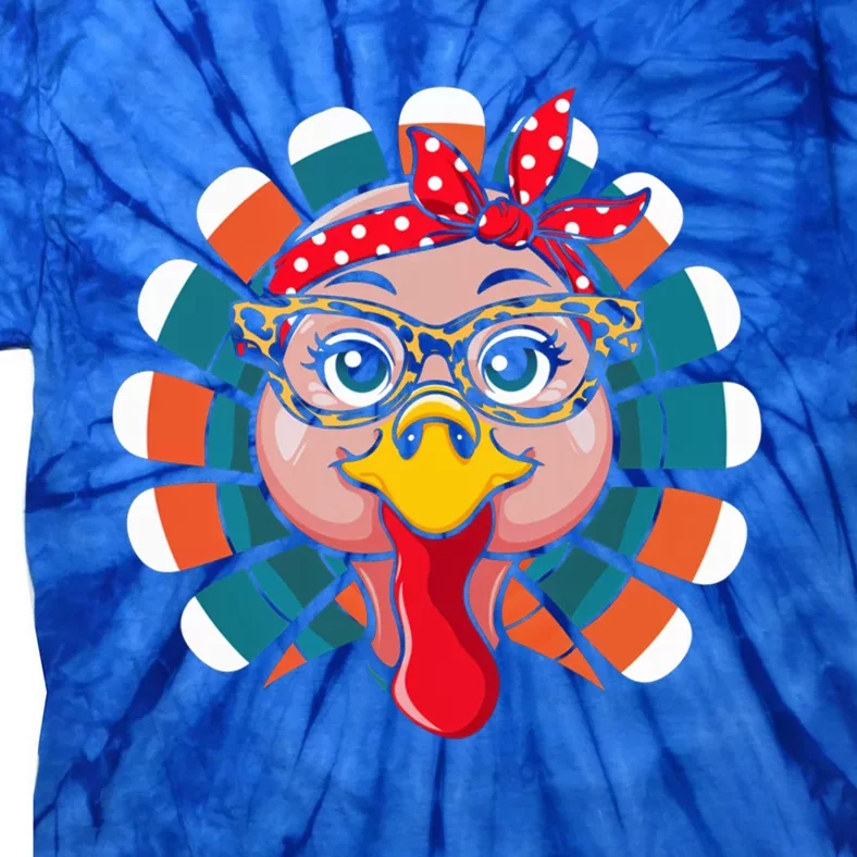 Turkey Face Glasses Leopard Print Thanksgiving Fun Gift Tie-Dye T-Shirt