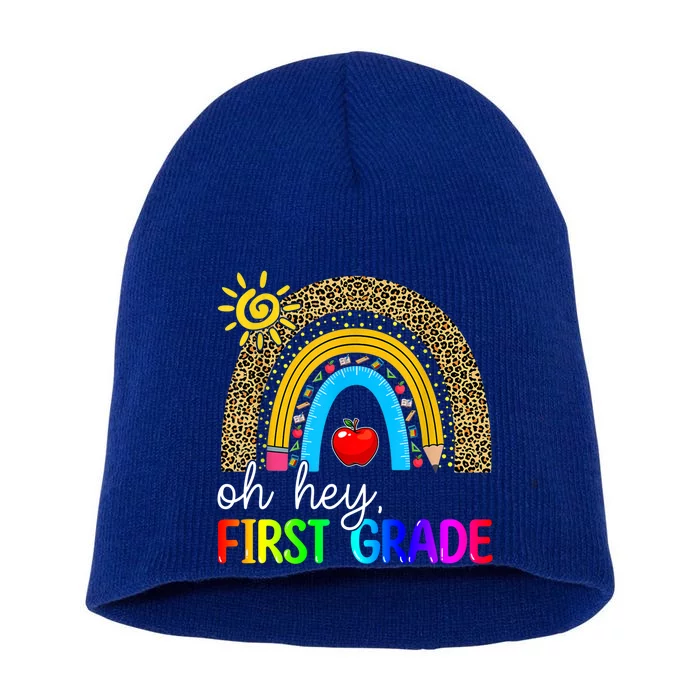 Team First Grade Teacher Rainbow Leopard Oh Hey 1St Grade Meaningful Gift Short Acrylic Beanie