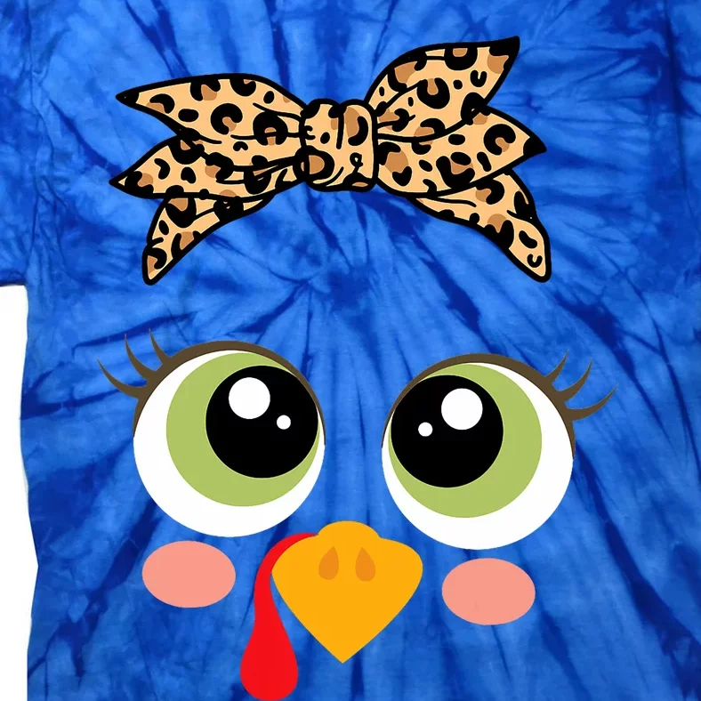 Turkey Face Girl Leopard Bow Thanksgiving Costume Turkey Tie-Dye T-Shirt